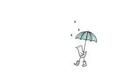 a drawing of a person walking in the rain with an umbrella over their head and boots on