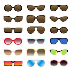 various types of sunglasses on a white background