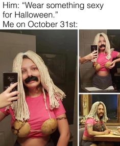 a woman with long blonde hair and fake moustaches taking a selfie