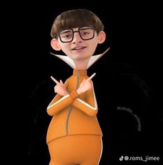 a cartoon character wearing glasses and an orange outfit