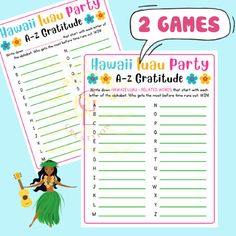 hawaiian luau party game with the words 2 games on it and an image of a hu