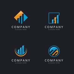 four different logos with buildings and arrows