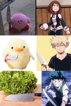 four different pictures with anime characters, one has a stuffed animal and the other has a knife