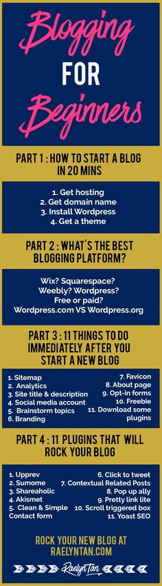 a poster with the words blogging for beginners written in red and blue on it