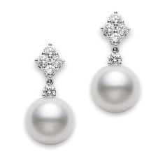 18K white gold white South Sea pearl and diamond dangle earrings featuring two 10MM, A+ white South Sea pearls and 10 round brilliant cut diamonds weighing .70 ctw. Designed by Mikimoto. Mikimoto Pearl Earrings, Mikimoto Earrings, Mikimoto Jewelry, White Gold Drop Earrings, Akoya Pearl Earrings, Diamond Cluster Earrings, Mikimoto Pearls, Pearl And Diamond Earrings, Diamond Dangle Earrings