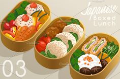 three bento boxes filled with different types of food