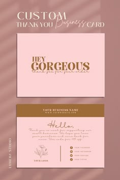 two business cards with gold foil lettering on pink and brown background, one is for the company