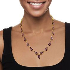 Ross-Simons - 25.00ct t. w. Amethyst Floral Necklace in Gold Over Sterling. 18". Incorporating some lush leaves into your ensembles invites liveliness and elegance. This floral necklace does just so while also bringing a splash of vibrant color, sprouting a grand total of 25.00 ct. t. w. marquise amethysts! Crafted in 18kt yellow gold over sterling silver. Includes a 2" extender. Lobster clasp, amethyst leaf necklace. Amethyst birthstones are the perfect gift for February birthdays. Garnet Birthstone, Amethyst Birthstone, Fine Jewelery, Floral Necklace, Leaf Necklace, Garnet, Lush, Chain Necklace, Gold Necklace