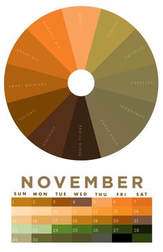 the color wheel for november is shown in orange, brown and green tones with numbers on each side