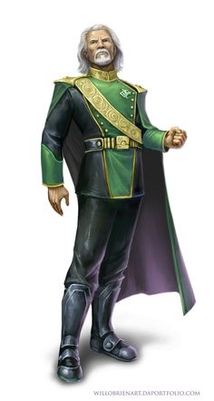 an old man dressed in green and gold is standing with his hand on his hip