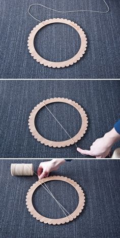 three pictures showing how to make a wooden circle