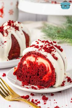 a red velvet bundt cake with white frosting