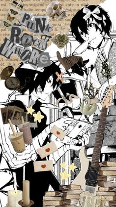 a collage of various items including an electric guitar, books and other things in black and white