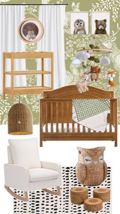 a baby's room with green and white wallpaper, an owl crib, black and white patterned rug, wooden rocking chair