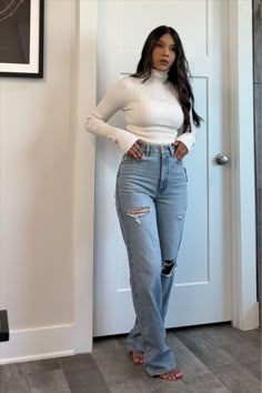 PacSun Eco Light Blue Ripped '90s … curated on LTK How To Style Light Wash Flare Jeans, Jeans And Knitted Sweater Outfit, Outfit To Meet His Parents First Time, Jeans And Sweater Outfit Casual, 90s Chic Fashion, Casual Wide Leg Jeans Outfit, Off The Shoulder Sweater Outfit, Jeans And Sweater Outfit, Jean Jacket Outfits Fall