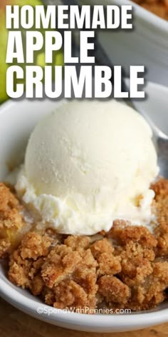 homemade apple crumble in a bowl with ice cream on top