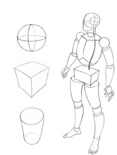 a drawing of a person standing in front of a box and some other items to be drawn