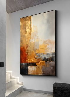 an abstract painting hangs on the wall next to some white and gray stairs in a modern home