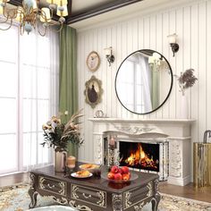 a living room filled with furniture and a fire place in front of a mirror on the wall