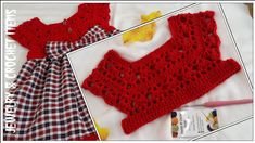 the crocheted dress is red and white with black dots on it, along with other items