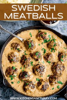 swedish meatballs with gravy in a skillet