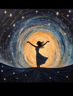 a painting of a woman dancing in the night sky with stars and swirls around her