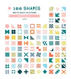 the book cover for 100 shapes, which features colorful geometric designs and an arrow in the middle