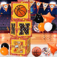 a basketball themed birthday party with balloons and confetti