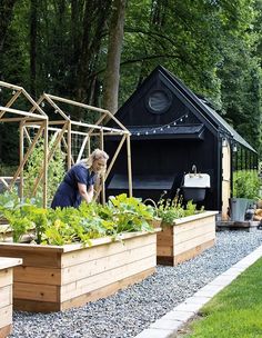 a woman tending to her garden in the back yard with an outdoor kitchen behind it