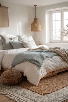 Layered rugs in light blue and brown tones adding texture to a cozy boho space. White Bedding Ideas Pop Of Color Cozy, Cream Comforter Bedding Color Combos, Light Blue Neutral Bedroom, Coastal Spare Bedroom Ideas, Costal Modern Interiors, Neutral With Pop Of Color Bedroom, Light Blue Bedroom Ideas For Women, Slate Blue Bedroom Ideas, Soft Cozy Bedroom Aesthetic