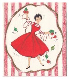 a drawing of a woman in a red dress with apples on her head and hands