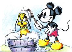 a drawing of mickey mouse washing his dog in a tub with foamy water on it