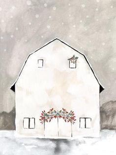 a painting of a barn in the snow with holly wreaths on it's roof