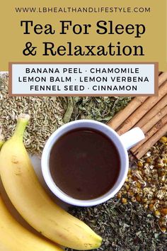 a cup of tea next to some bananas and cinnamon