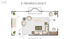 the l - shaped layout is shown in this floor plan, with furniture and decor