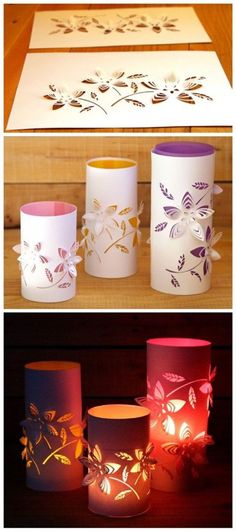 three different types of paper lanterns with flowers on them