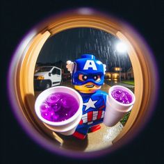 the lego man is holding two cups of purple liquid in front of him and looking at his reflection