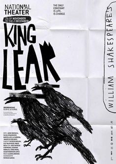 a black bird sitting on top of a white sheet with the words king lear written in it