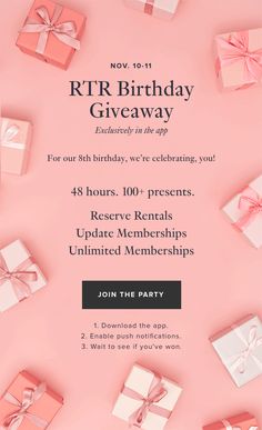 a pink birthday card with presents on it and the words rtr birthday giveaway