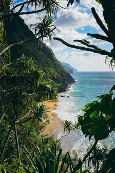 the beach is surrounded by trees and water