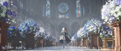 a woman is walking through a church with blue flowers