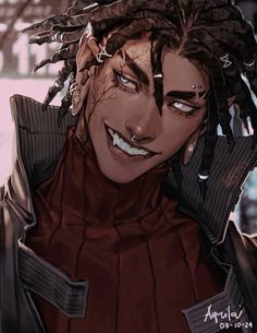 an anime character with dreadlocks on his head and wearing a leather jacket, smiling