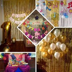 several pictures of balloons, streamers and decorations