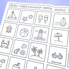 the beach vibes doodle book is open to pages with pictures and words on them