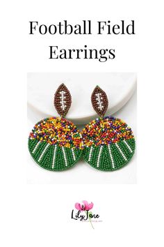 Get ready for football season and show off your style with these great football field earrings! They make such a statement! #earrings #footballseason #gamedayaccessories Football Field, Resin Beads, Football Season, Beaded Earrings, Statement Earrings, Football, Beads, Bead Earrings, American Football