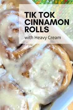 Cinnamon Rolls with Heavy Cream in baking dish with frosting Homemade Cinnamon Rolls With Crescent, Easy Home Made Cinnamon Rolls Recipes, Easy Ultimate Cinnamon Rolls Pillsbury, Crazy Good Cinnamon Rolls, Overnight Cinammon Rolls Recipe, Best Store Bought Cinnamon Rolls, Super Easy Cinnamon Rolls, Elevate Store Bought Cinnamon Rolls, Tik Tok Famous Cinnamon Rolls