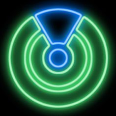 a neon green and blue circle with an arrow in the center on a black background