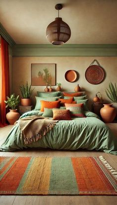 a bed room with a neatly made bed and potted plants