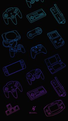 neon colored video game controllers on a black background