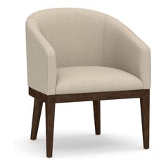 a beige chair with dark wood legs